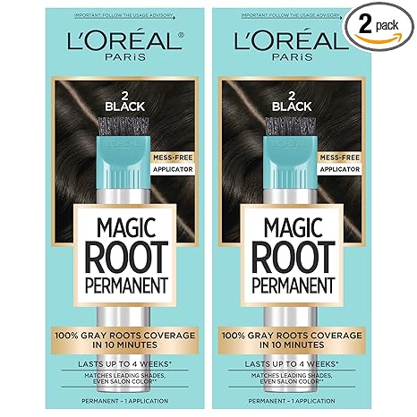 L'Oreal Paris Magic Root Permanent Hair Color Kit, 100% Gray Hair Coverage In Just 10 Minutes, Precision Brush Applicator for Seamless Application, 2 Black (2 Count)