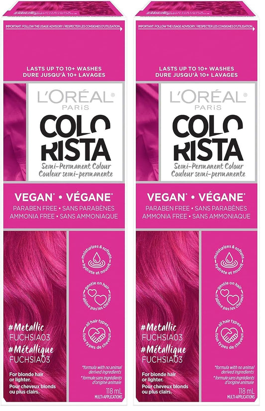 L'Oreal Paris Colorista Metallic Semi Permanent Hair Color for Bleached or Blonde Hair, Color Depositing Hair Mask Formula, Metallic Pink (Pack of 2)