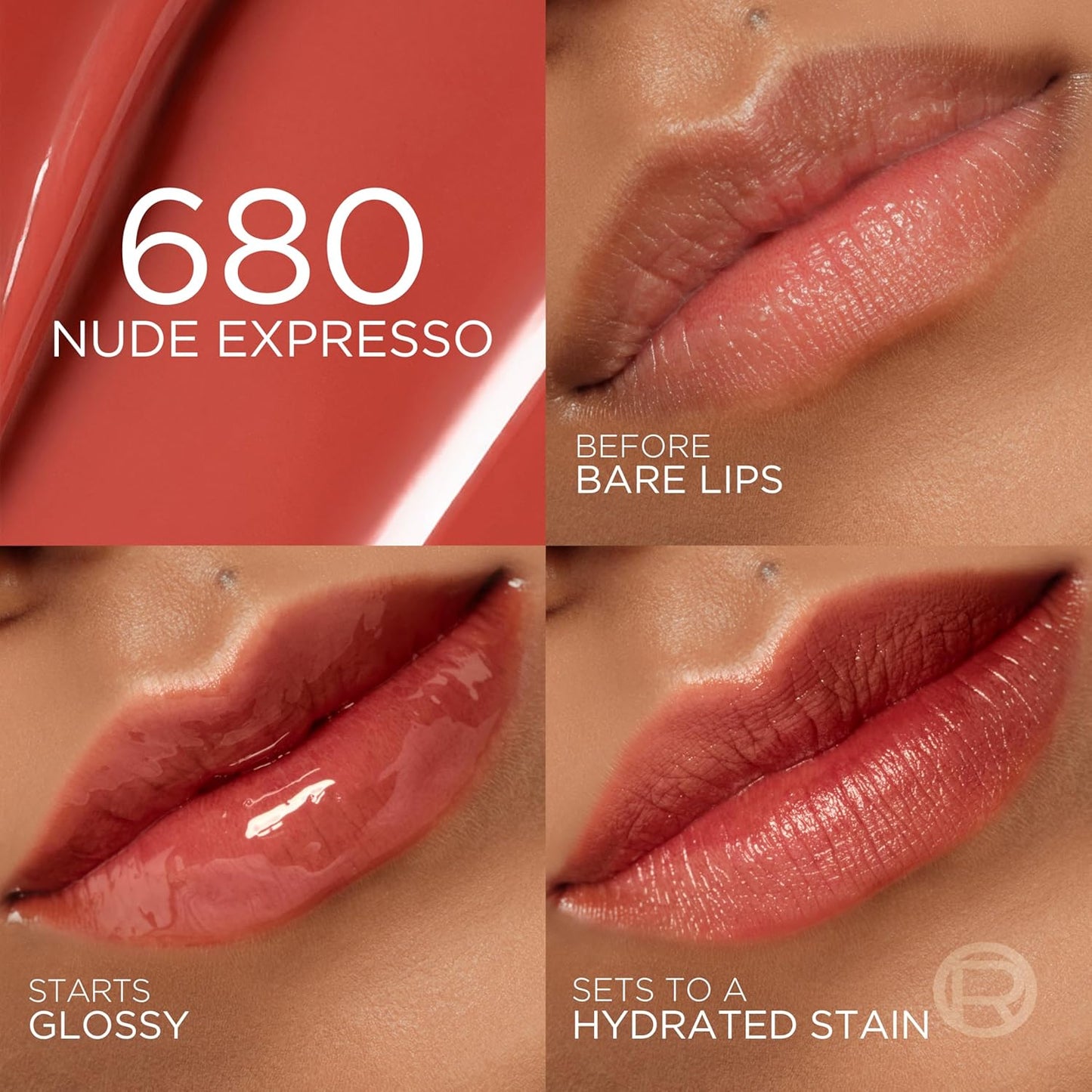 L'Oreal Paris Hyaluron Tint Lip Stain Serum, Long Lasting, Hydrating Lip Makeup Infused with Hyaluronic Acid, 680 Nude Espresso (Medium Brown Nude)