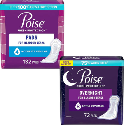 Poise Incontinence Pads & Postpartum Incontinence Pads for Women Bundle: 4 Drop Moderate Absorbency, Regular Length, 132ct and 8 Drop Overnight Absorbency, Extra-Coverage Length, 72ct