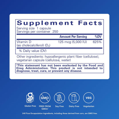 Pure Encapsulations Vitamin D3 125 mcg (5,000 IU), 250 Capsules