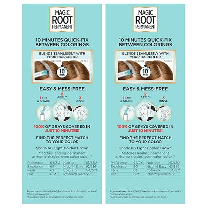 L'Oreal Paris Magic Root Permanent Hair Color Kit, 100% Gray Hair Coverage In Just 10 Minutes, Precision Brush Applicator for Seamless Application, 6G Light Golden Brown (2 Count)