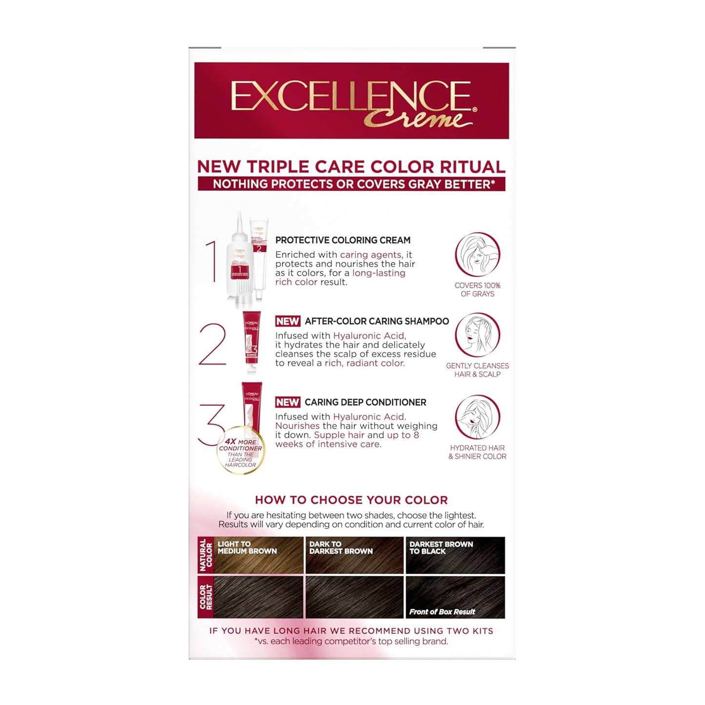 L'Oreal Paris Excellence Crème Permanent Hair Dye, Triple Care Hair Color with Hyaluronic Acid for 100% Gray Coverage, 3 Natural Black, 1 Kit (Packaging May Vary)