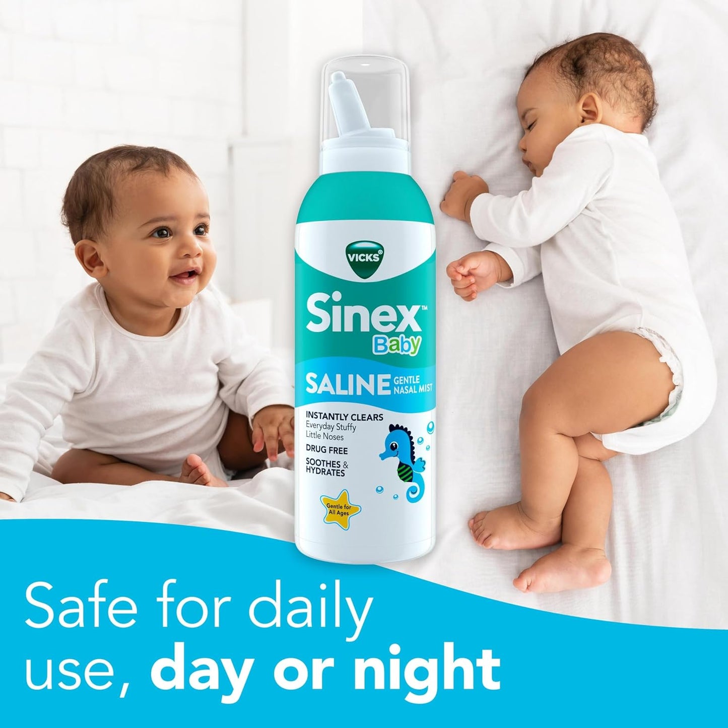 VICKS Sinex Baby Saline Nasal Spray, Drug Free Gentle Nasal Mist, Instantly Clears Everyday Stuffy Little Noses, Soothes & Hydrates, Safe For Daily Use, Gentle For All Ages, 5 OZ x 2