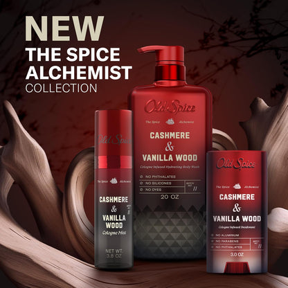 Old Spice Body Wash for Men, The Spice Alchemist Collection, 24/7 Cologne Infused Hydration, No Trade Off Formula, Free of Phthalates Silicones & Dyes, Cashmere + Vanilla Wood Scent, 20 oz