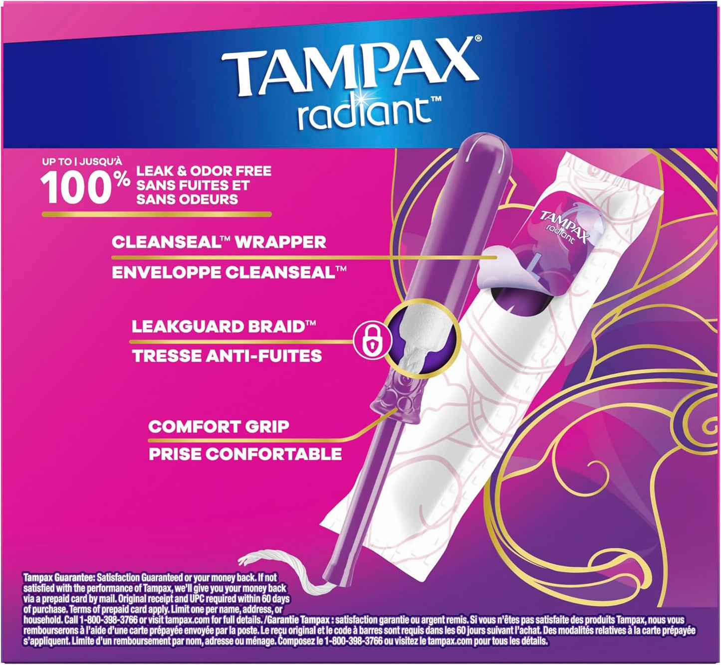 Tampax Radiant Tampons Light Absorbency with BPA-Free Plastic Applicator and LeakGuard Braid, Unscented, 28 Count, Packaging May Vary