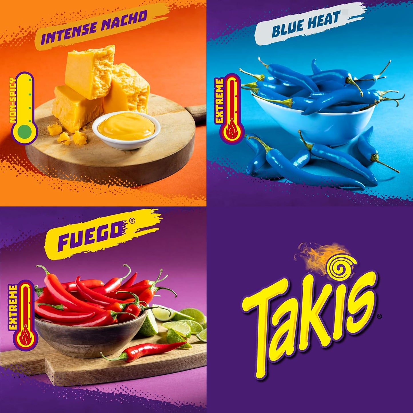 Takis Assorted Hero Variety Pack Rolled Tortilla Chips, 18 Count | (8) Fuego, (6) Blue Heat, (4) Intense Nacho, Non-Spicy to Extremely Spicy, 1oz Individual Bags for Snacking