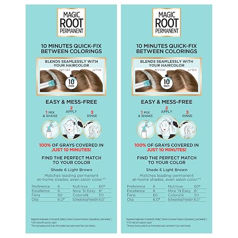 L'Oreal Paris Magic Root Permanent Hair Color Kit, 100% Gray Hair Coverage In Just 10 Minutes, Precision Brush Applicator for Seamless Application, 6 Light Brown (2 Count)