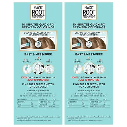 L'Oreal Paris Magic Root Permanent Hair Color Kit, 100% Gray Hair Coverage In Just 10 Minutes, Precision Brush Applicator for Seamless Application, 6 Light Brown (2 Count)