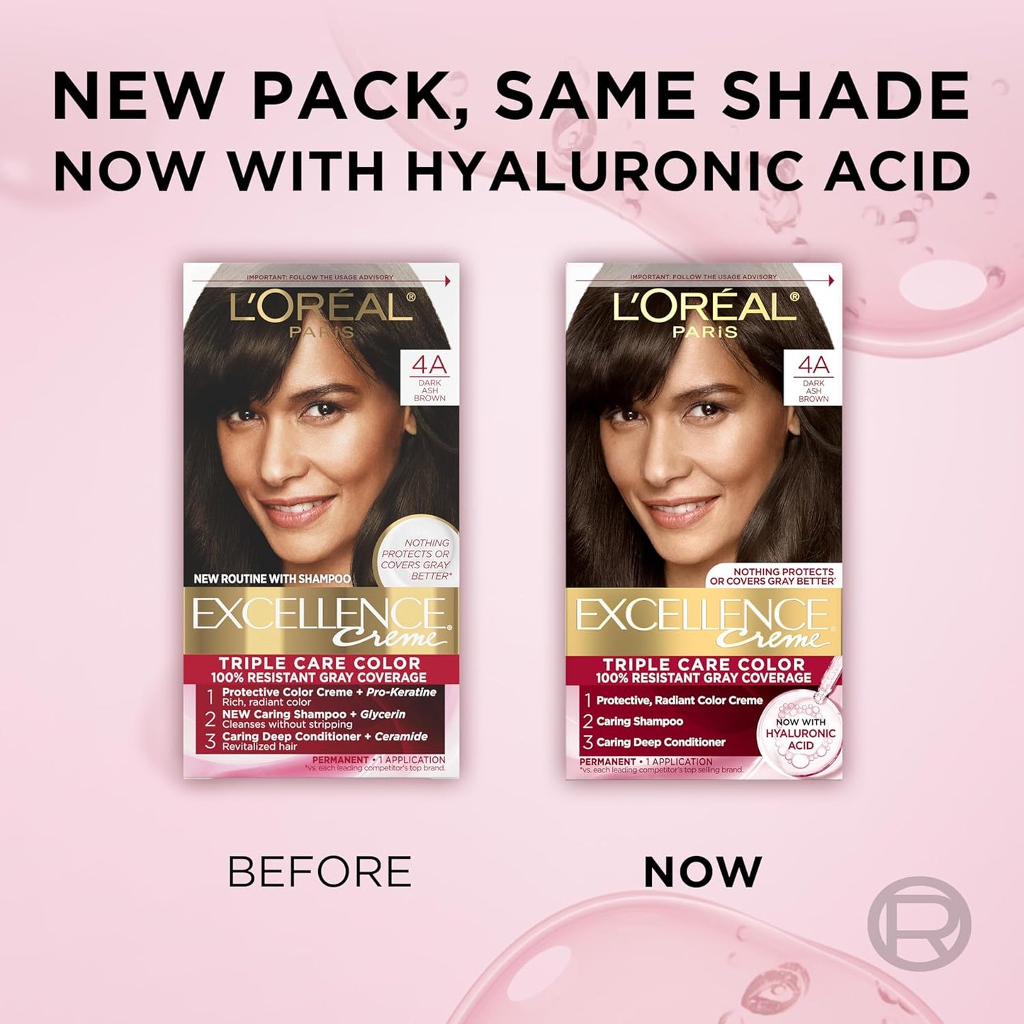 L'Oreal Paris Excellence Crème Permanent Hair Dye, Triple Care Hair Color with Hyaluronic Acid for 100% Gray Coverage, 4A Dark Ash Brown, 1 Kit (Packaging May Vary)