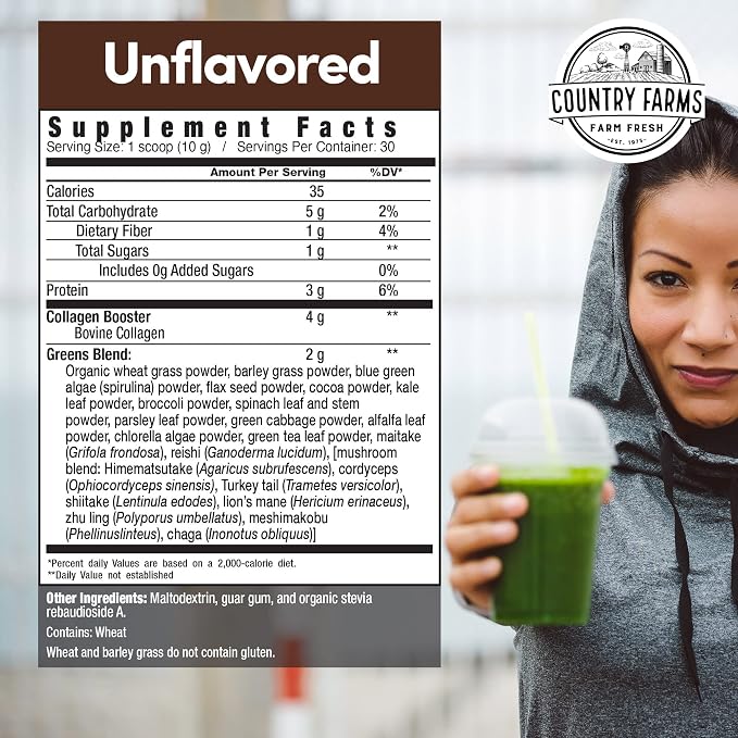 Country Farms Collagen Peptides Powder with Greens Dietary Powder Supplement (Type I, III) for Skin Hair Nail and Joints, Dairy/Sugar Free, Energizing Superfoods, Natural, 10.6 Oz 30 Servings