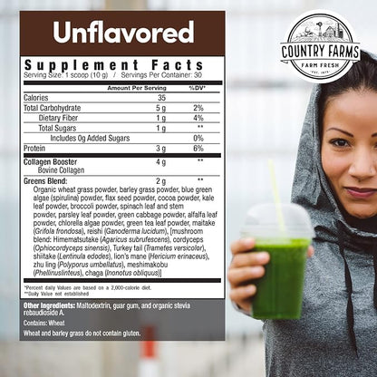 Country Farms Collagen Peptides Powder with Greens Dietary Powder Supplement (Type I, III) for Skin Hair Nail and Joints, Dairy/Sugar Free, Energizing Superfoods, Natural, 10.6 Oz 30 Servings