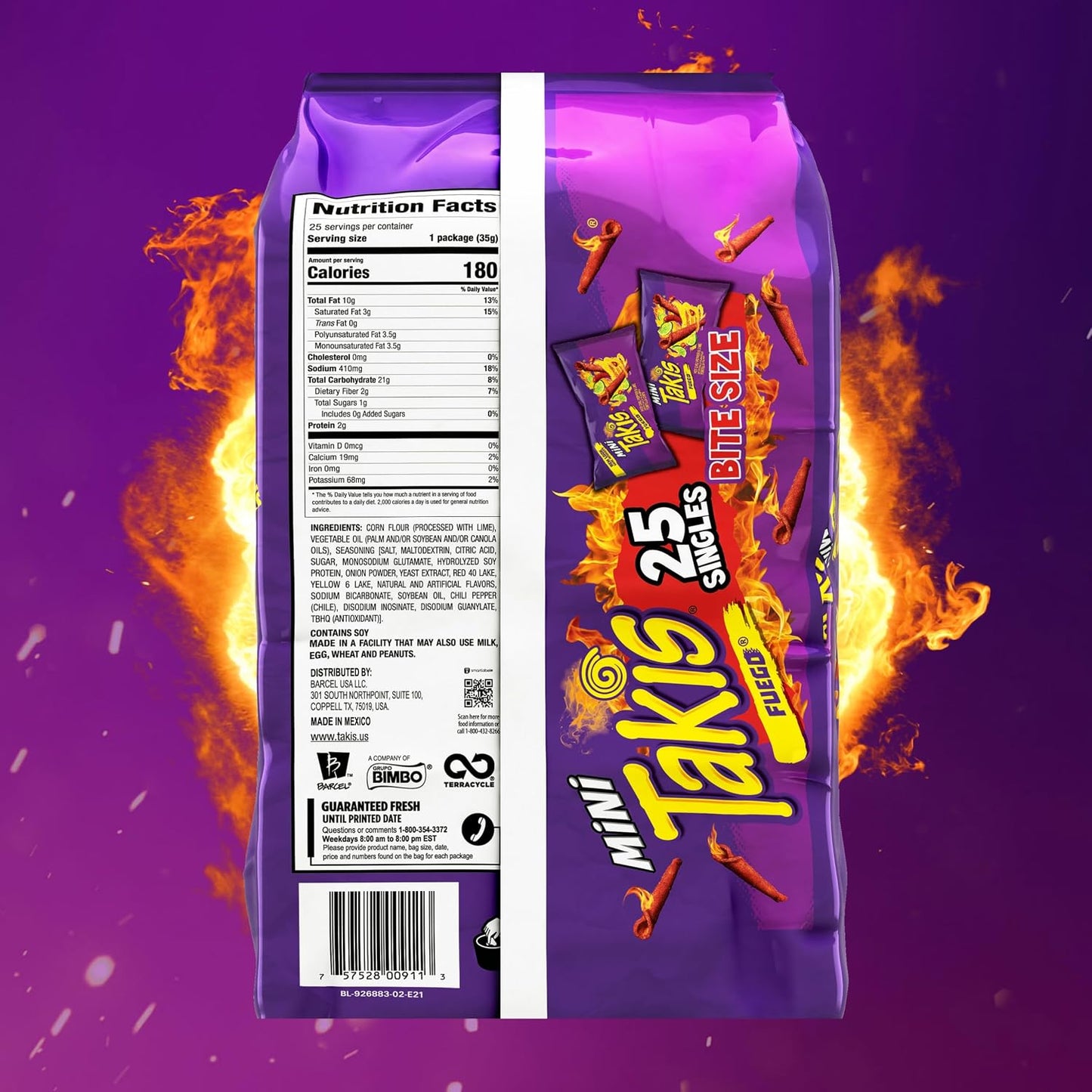 Takis Fuego Mini 25 pc / 1.23 oz Bite Size Multipack, Hot Chili Pepper & Lime Flavored Extreme Spicy Rolled Tortilla Chips (Pack of 2)