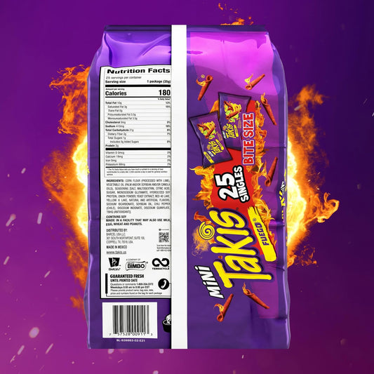 Takis Fuego Mini 25 pc / 1.23 oz Bite Size Multipack, Hot Chili Pepper & Lime Flavored Extreme Spicy Rolled Tortilla Chips (Pack of 2)