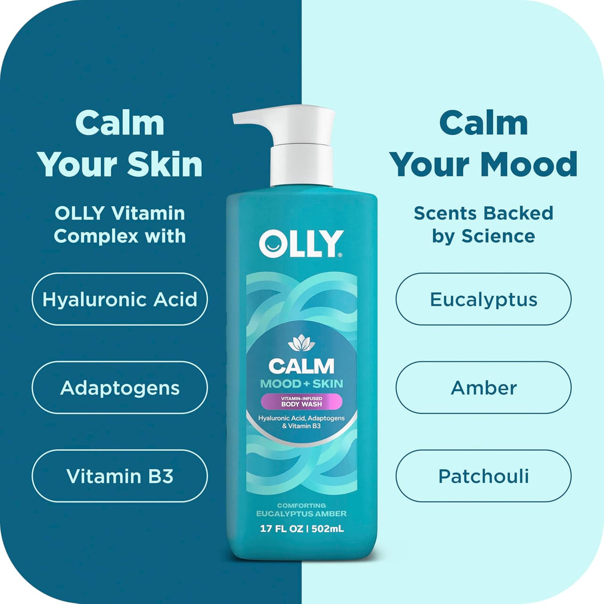 OLLY Body Wash Mixed Pack 4 Count, Calm, Renew, Bright, Revive