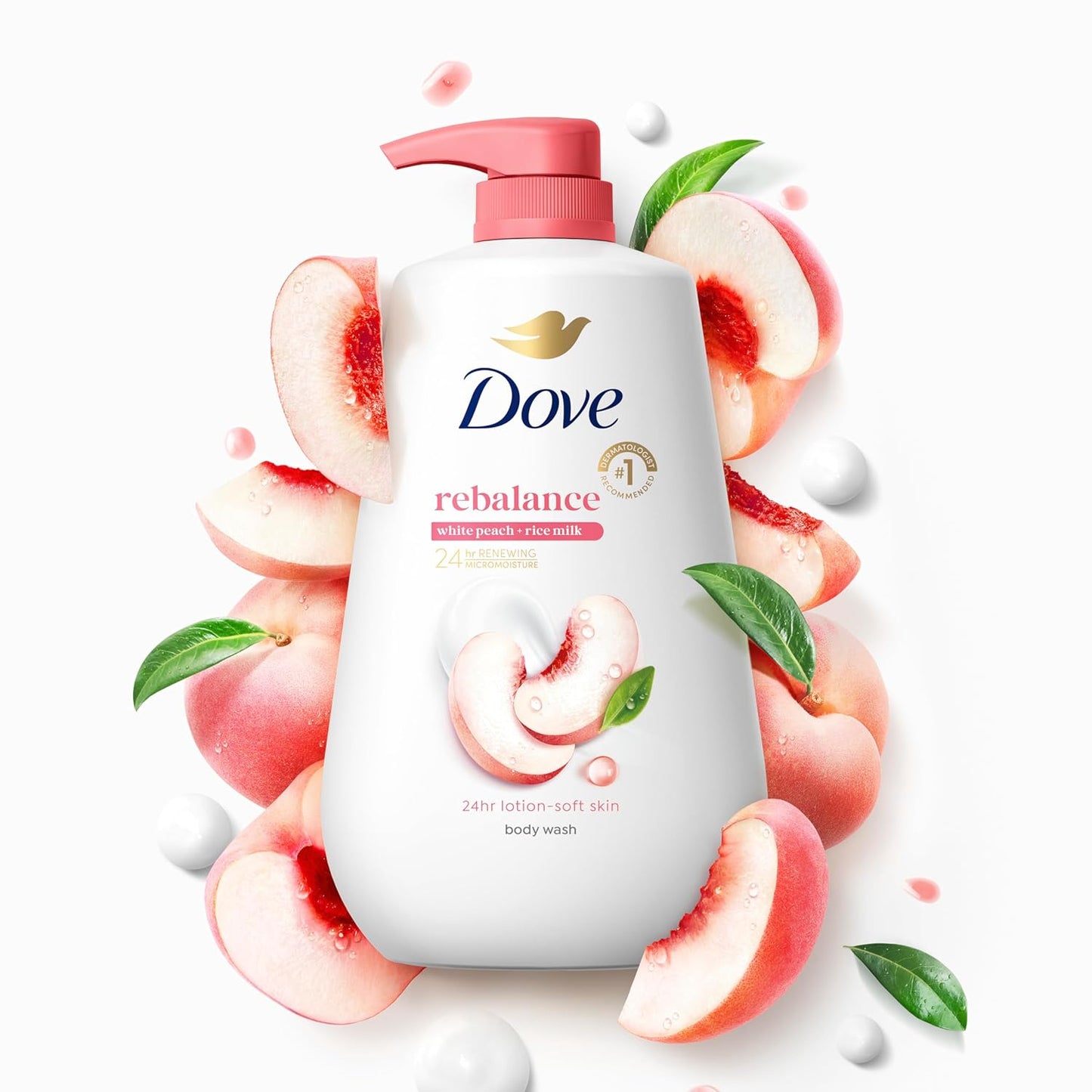 Dove 24hr Lotion Body Wash Rebalance White Peach & Rice Milk, 30.6 oz | Moisturizing body wash with MicroMoisture and a calming peach scent