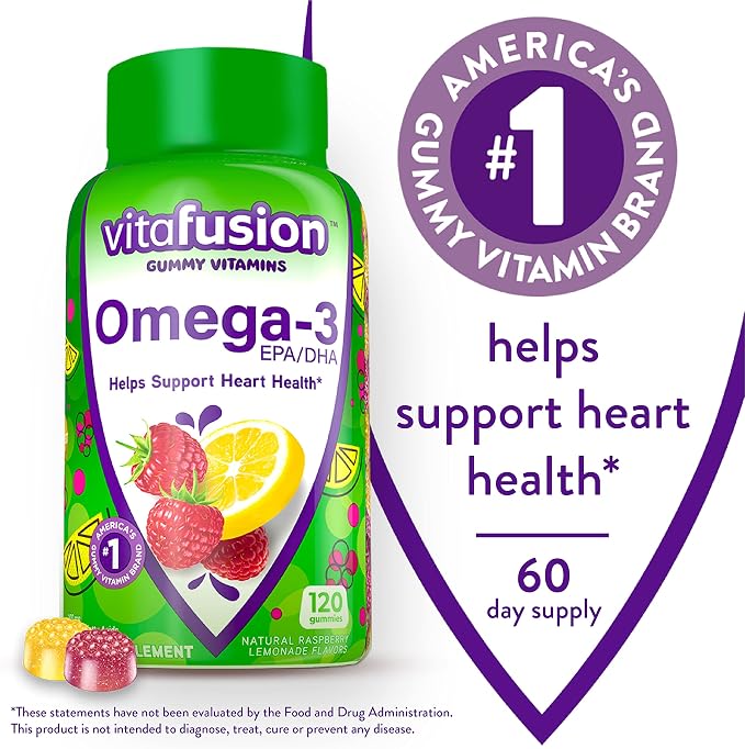 Vitafusion Omega-3 Berry Lemonade Heart Health Gummies 120 Count and Orange Flavored Vitamin C Gummies for Immune Support 150 Count