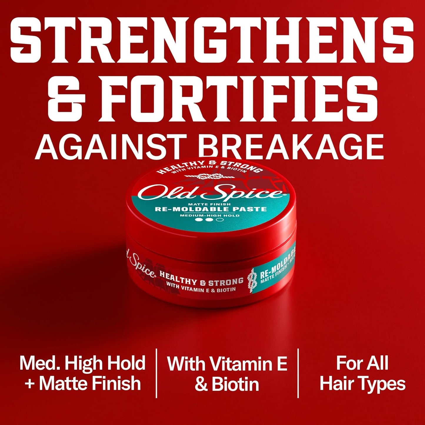 Old Spice Mens Hair Paste, Re-Moldable Paste for Men, Healthy & Strong with Vitamin E & Biotin, Hair Styling, Medium-High Hold, Matte Finish, 2.22 oz