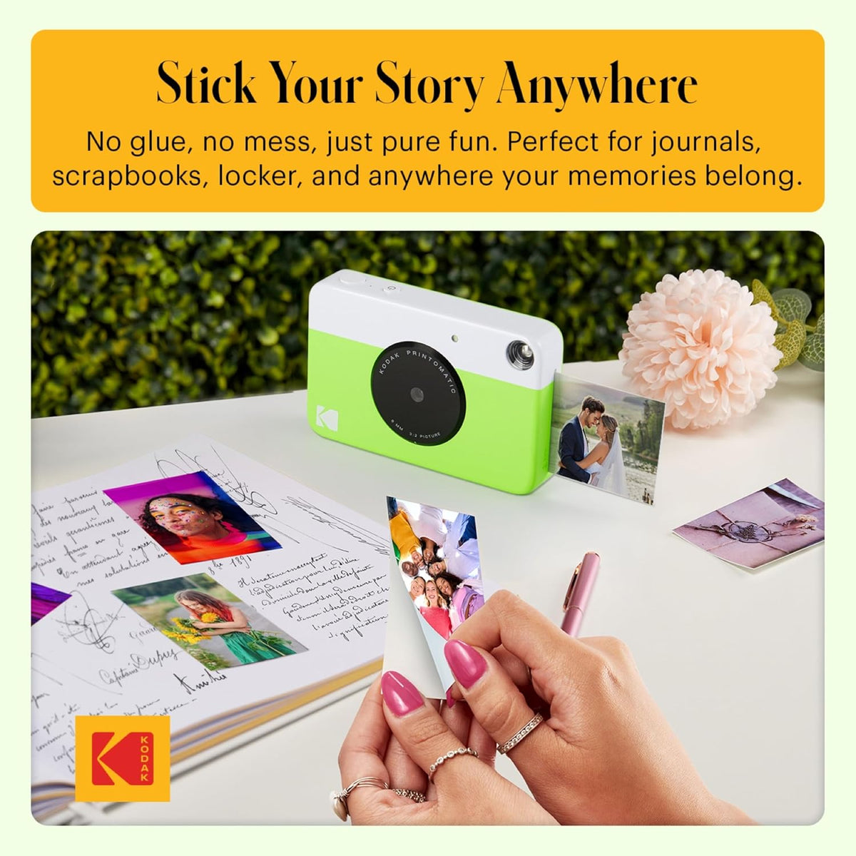 KODAK Printomatic Full-Color Instant Print Digital Camera Colorful Photos On Zink 2x3" Sticky-Back Photo Paper 5MP Gift Bundle: Case + Zink 2x3" 20pk + Album + Stickers + Frames + Markers - Green