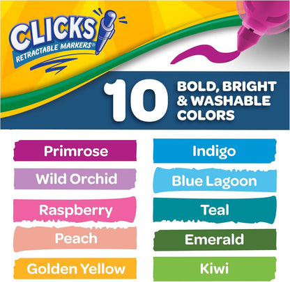 Crayola Clicks Retractable Markers Bold (10ct), Teacher Classroom School Supplies, Spring Crafts, No Dry Washable Markers for Kids | Classroom Supplies, No Dry Washable Markers for Kids