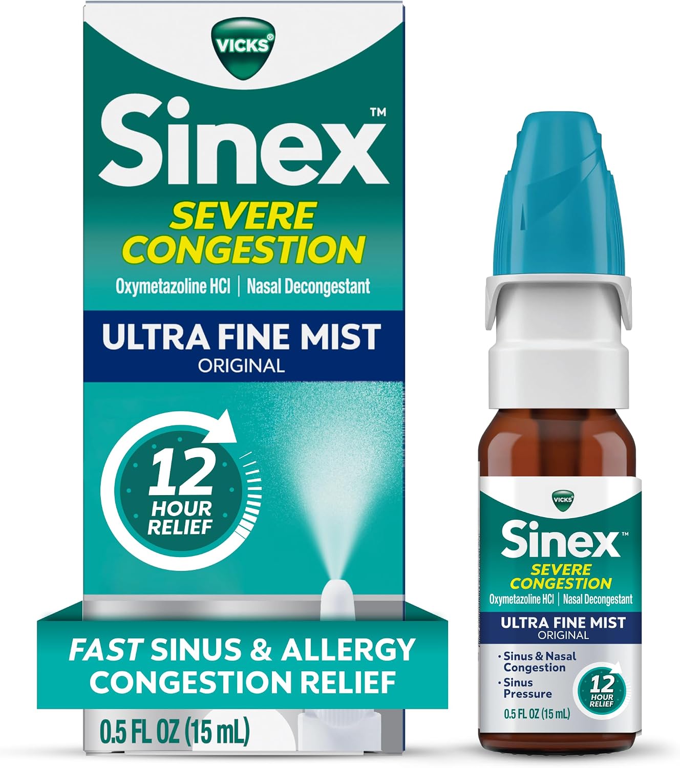 Vicks Sinex SEVERE Nasal Spray, Original Ultra Fine Mist, Decongestant Medicine, Relief from Stuffy Nose due to Cold or Allergy, & Nasal Congestion, Sinus Pressure Relief, 265 Sprays