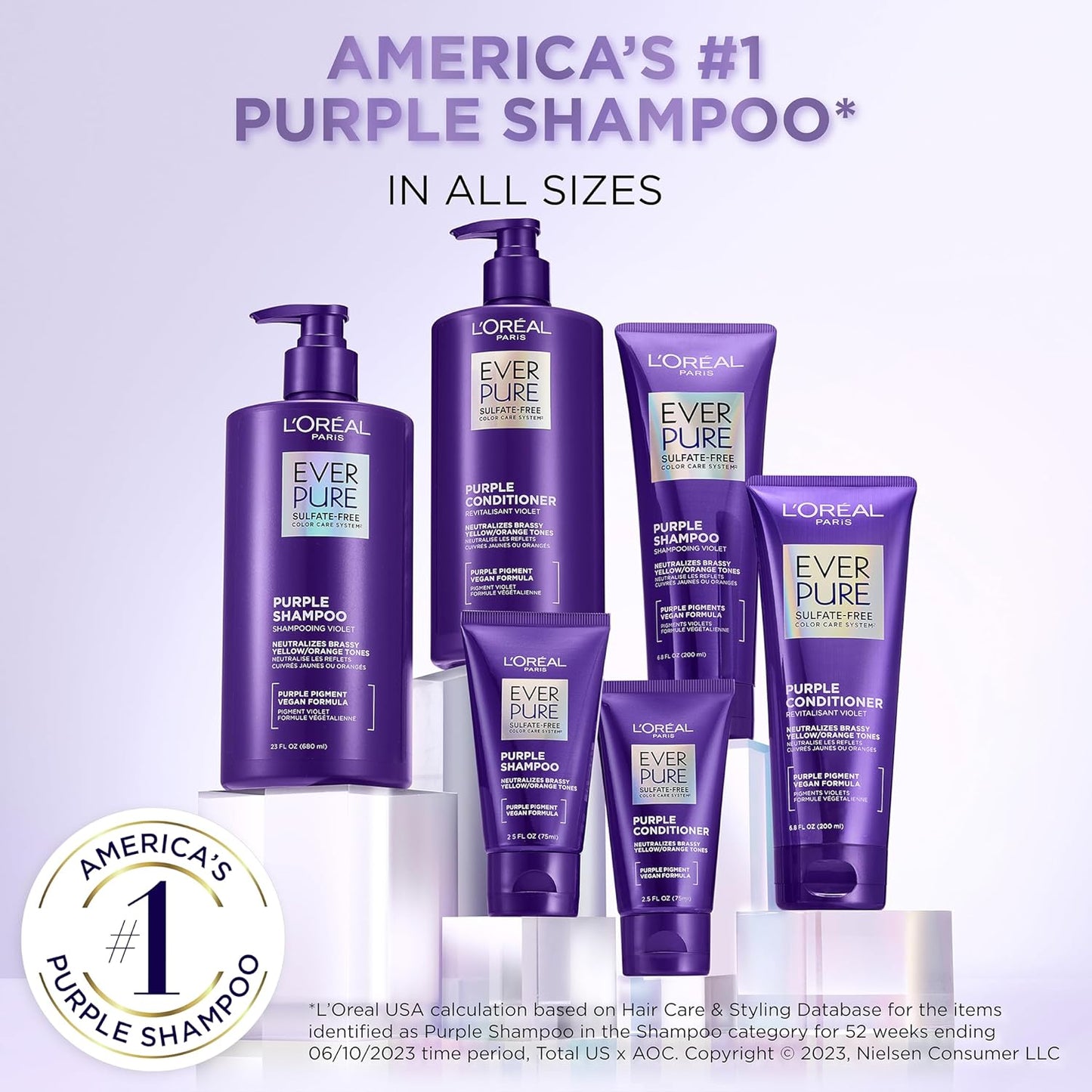 L'Oreal Paris EverPure Purple Shampoo and Conditioner Set, Sulfate-Free Brass Toning for Blonde, Bleached, Highlighted, Silver or Gray Color-Treated Hair, 6.8 Fl Oz, Pack of 6