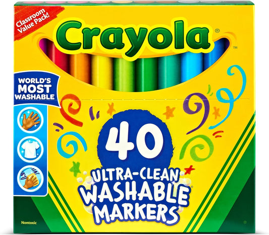 Crayola Ultra Clean Washable Markers (40ct), Teacher School Supplies for Kids, Broad Line Colored Markers, Art Marker Set, Ages 3+
