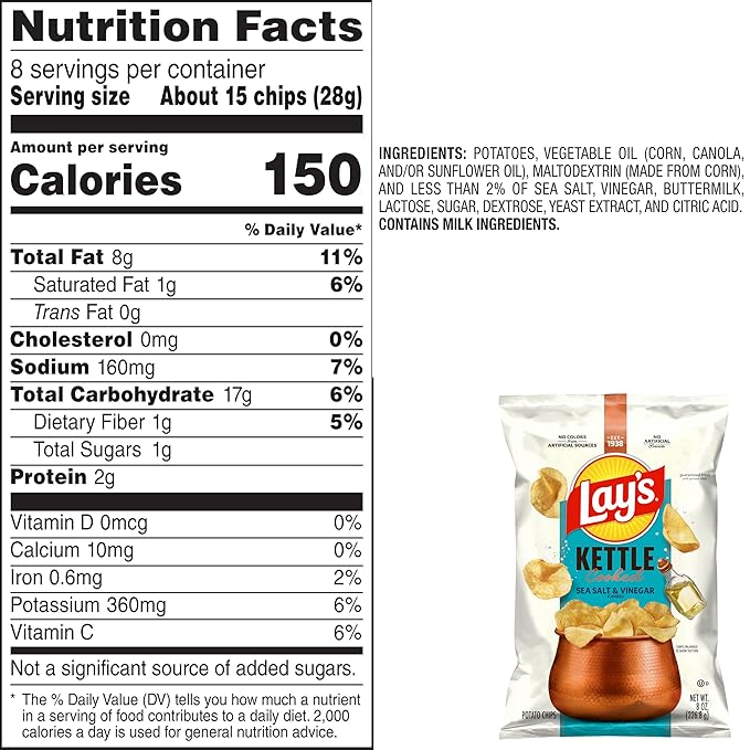 Lay's Kettle Cooked Sea Salt & Vinegar Flavored Potato Chips, 8 Oz