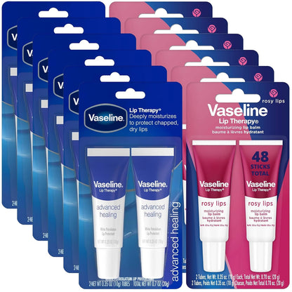 Vaseline Lip Therapy Advanced Healing Bulk Lip Balm Original & Rosy Lips Twin Packs, 48 Tubes Total, 0.35 Oz Ea
