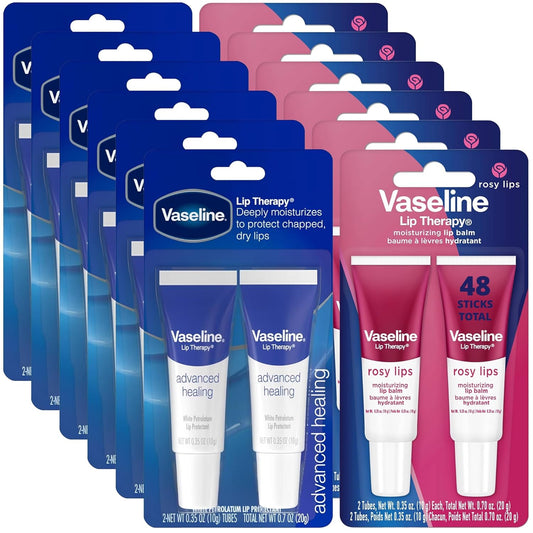 Vaseline Lip Therapy Advanced Healing Bulk Lip Balm Original & Rosy Lips Twin Packs, 48 Tubes Total, 0.35 Oz Ea