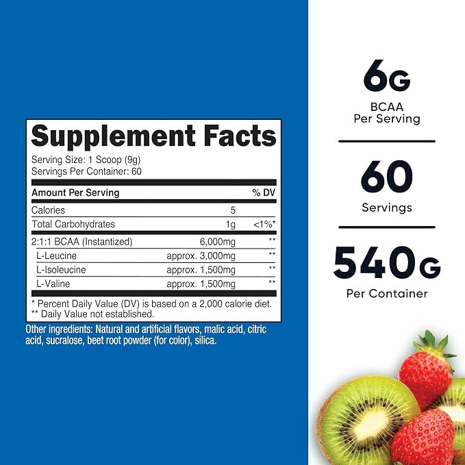 Nutricost BCAA Powder (Strawberry Kiwi) 60 Servings - Optimal 2:1:1 Ratio