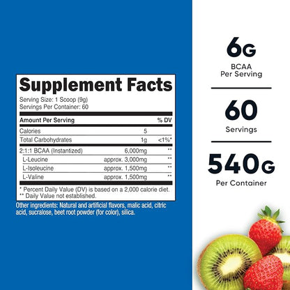Nutricost BCAA Powder (Strawberry Kiwi) 60 Servings - Optimal 2:1:1 Ratio