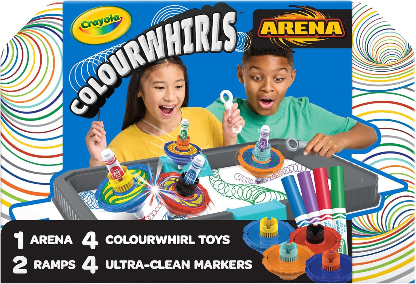 Crayola Colourwhirls Battle Arena Art Game, DIY Gyro Spin Art Toy with 4 Spinning Tops, Kids Battle Game & Creative Art Set, Gifts for Kids, Ages 6+