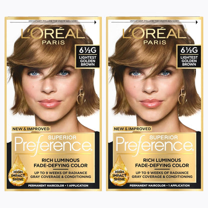 L'Oreal Paris Superior Preference Luminous Fade-Defying Permanent Hair Color, Hair Dye For Up to 9 Weeks of Radiance, Lightest Golden Brown 6.5G, 1 Hair Dye Kit (Pack of 2)