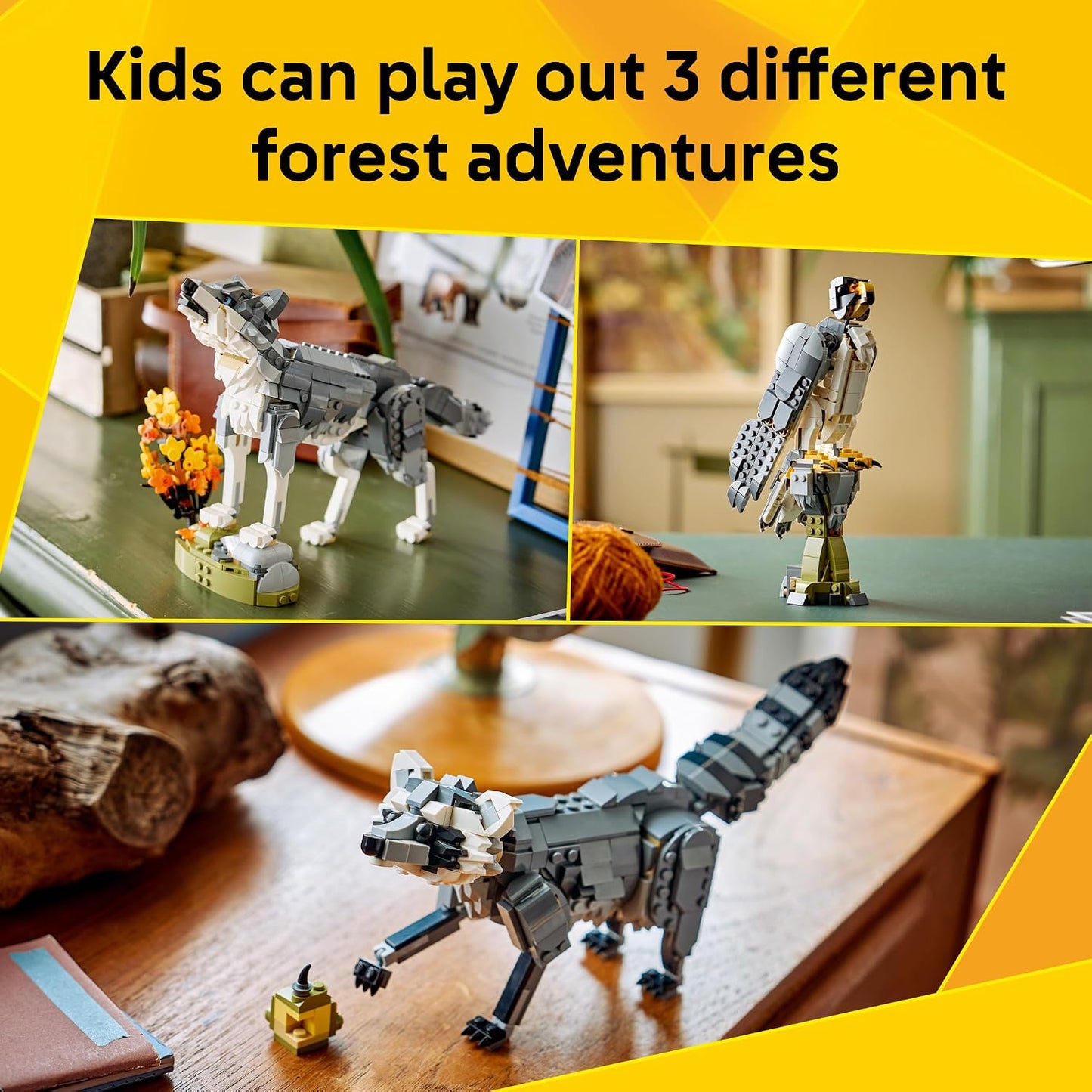 LEGO Creator 3 in 1 Forest Animals: Gray Wolf - Building Toy for Boys & Girls, Ages 8+ - Build a Wolf, Falcon or Raccoon - Gift for Kids' Birthdays - 31393