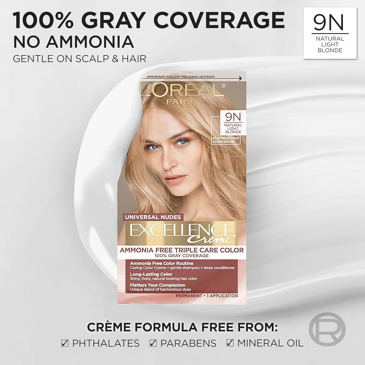 L’Oreal Paris Excellence Universal Nudes Permanent Hair Color, Ammonia Free Hair Dye for Gray Hair Coverage, 9N Natural Light Blonde, 1 Hair Dye Kit