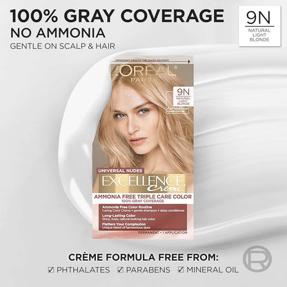 L’Oreal Paris Excellence Universal Nudes Permanent Hair Color, Ammonia Free Hair Dye for Gray Hair Coverage, 9N Natural Light Blonde, 1 Hair Dye Kit