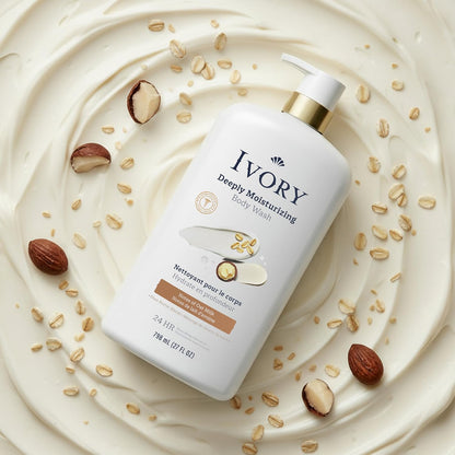 Ivory Deeply Moisturizing Body Wash, 24hr Nourishing Hydration, Soothes Itchy Dry Skin, Made with Shea Butter Blend, Free of Dyes Heavy Perfumes Parabens & Phthalates, Oatmilk Scent, 27 oz
