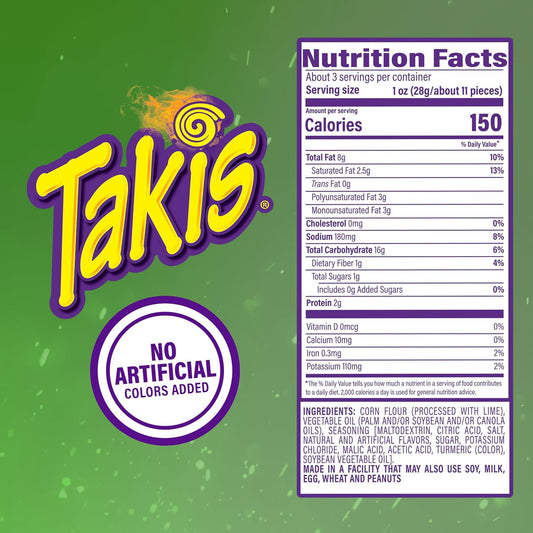 Takis Xtreme Lime 3.25 oz Snack Size Bag, Lime Flavored Rolled Tortilla Chips (Pack of 4)
