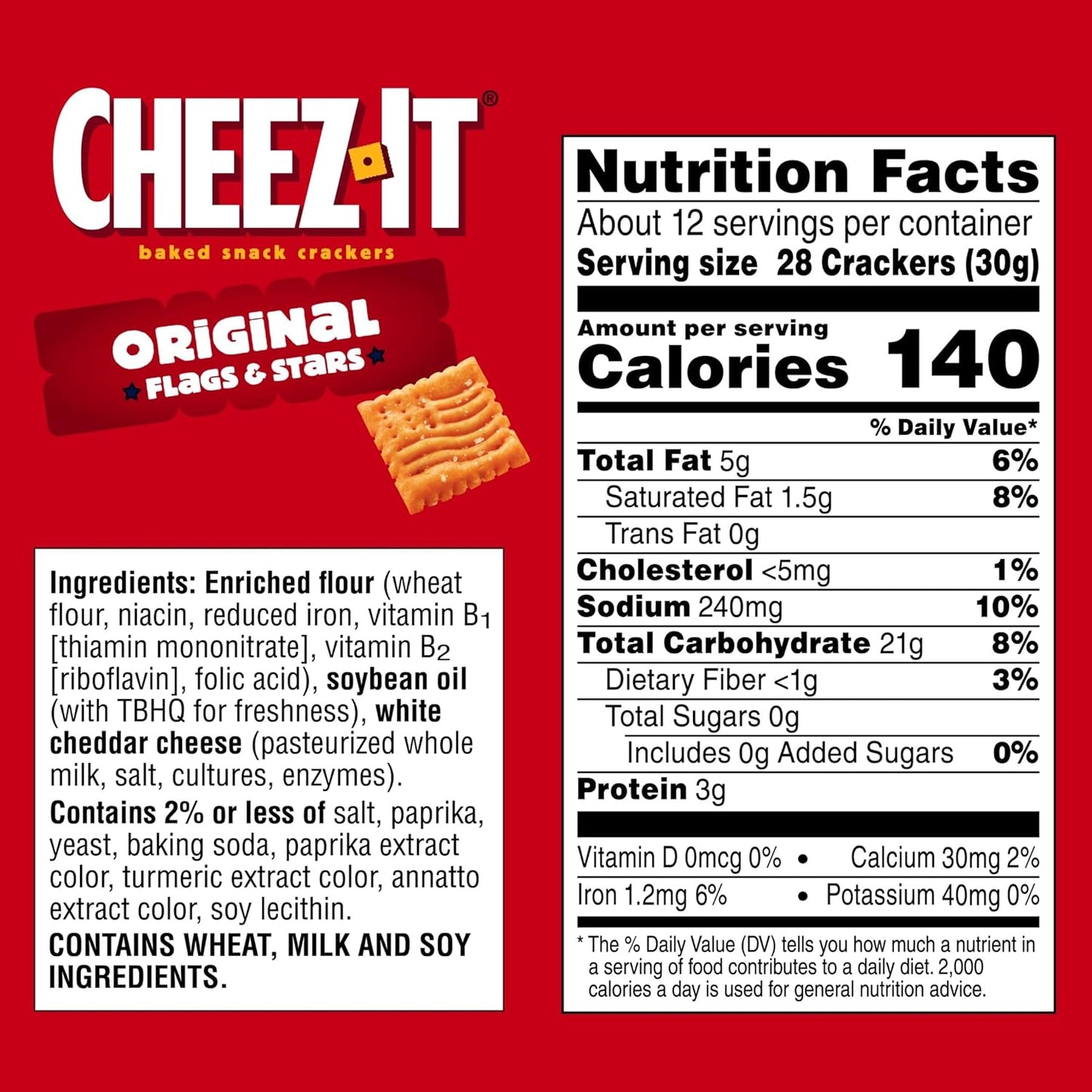 Cheez-It Baked Snack Crackers, July 4 Snacks, U.S. Soccer Sponsor, Flags and Stars, 12.4oz Box (1 Box)