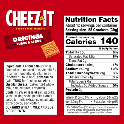 Cheez-It Baked Snack Crackers, July 4 Snacks, U.S. Soccer Sponsor, Flags and Stars, 12.4oz Box (1 Box)