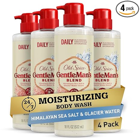 Old Spice GentleMan's Exfoliating & Moisturizing Body Wash for Men, 24/7 Shower Fresh with Long Lasting Scent, Renewing Vitamin B3 Blend, Himalayan Sea Salt + Glacier Water Scent, 18 oz (Pack of 4)