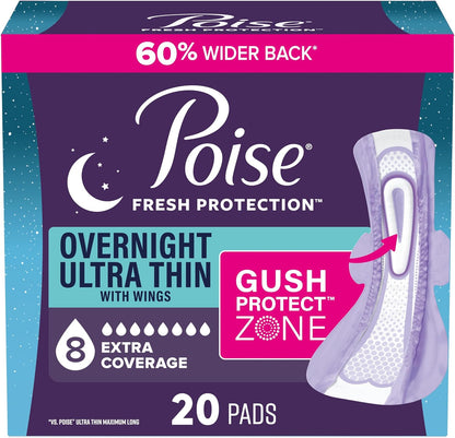 Poise Overnight Ultra Thin Incontinence & Postpartum Pads with Wings for Bladder Leaks, 8 Drop Extra Absorbent, Long Length, 20 Count