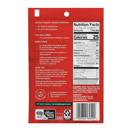 Simply Organic Spicy Taco Seasoning Mix, Gluten Free, Certified Organic, Kosher, Vegan, Vegetarian, Pure Flavor for Tacos, Stir-Fries, Mexican Dishes, and More | 1.13 Ounce (Pack of 12)
