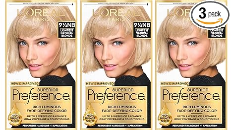 L'Oreal Paris Superior Preference Luminous Fade-Defying Permanent Hair Color, Hair Dye For Up to 9 Weeks of Radiance, Lightest Natural Blonde 9.5NB, 1 Hair Dye Kit (Pack of 3)