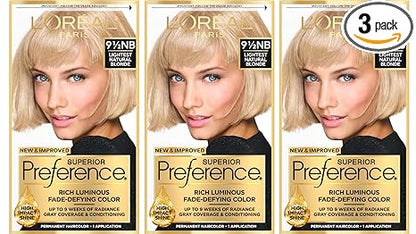 L'Oreal Paris Superior Preference Luminous Fade-Defying Permanent Hair Color, Hair Dye For Up to 9 Weeks of Radiance, Lightest Natural Blonde 9.5NB, 1 Hair Dye Kit (Pack of 3)