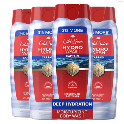 Old Spice Moisturizing Body Wash for Men, Hydro Wash, 2-in-1 Long Lasting Scent & Deep Hydration, 24/7 Shower Fresh, Captain Scent with Ocean Mist & Bergamot, 21 oz (Pack of 4)
