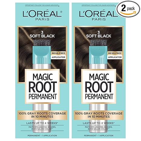 L'Oreal Paris Magic Root Permanent Hair Color Kit, 100% Gray Hair Coverage In Just 10 Minutes, Precision Brush Applicator for Seamless Application, 3 Soft Black (2 Count)