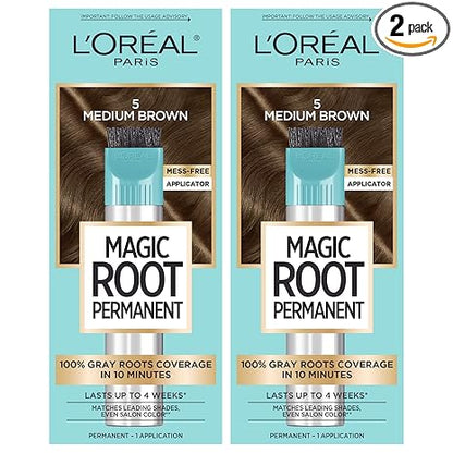L'Oreal Paris Magic Root Permanent Hair Color Kit, 100% Gray Hair Coverage In Just 10 Minutes, Precision Brush Applicator for Seamless Application, 5 Medium Brown (2 Count)