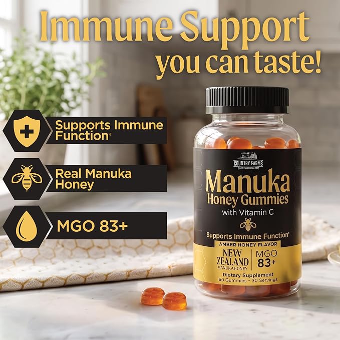 Country Farms Manuka Honey Gummies with Vitamin C – New Zealand Manuka Honey MGO 83+ – Immune Support Supplement, Organic Honey Gummies, Raw Honey Alternative, 60 Count (30 Servings)